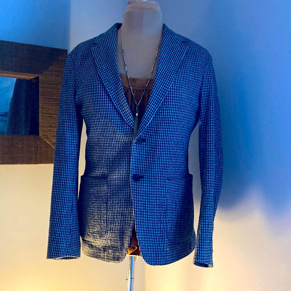 Zara sz M blazer relaxed fit navy and cream hints of green tweed